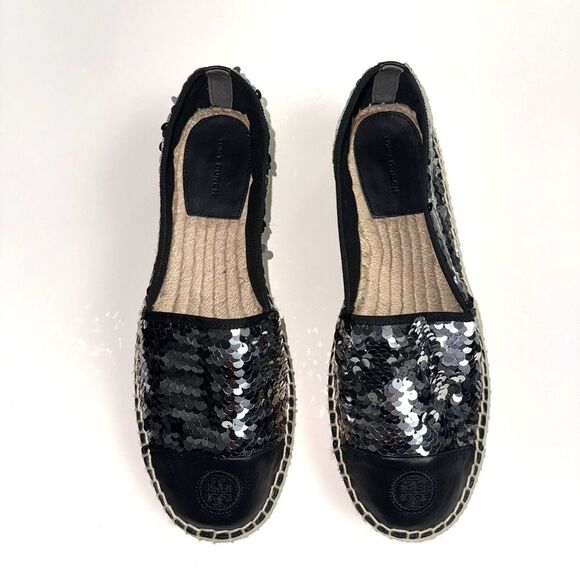 TORY BURCH FLAT ESPADRILLE BLACK SEQUIN WOMEN'S SIZE 10 - Picture 9 of 10
